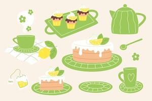 Modern set of tableware and sweets in flat style vector