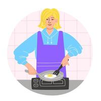 mujer preparando desayuno y fritura revuelto huevos en un acogedor cocina vector