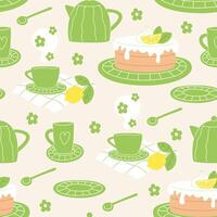 Seamless pattern with a lemon cake and hot drink vector