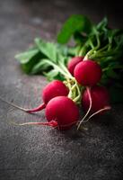 Fresh organic radish on green background photo