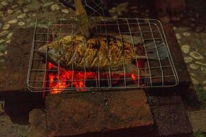 fish grilled over the charcoal fire when summer party. the photo is suitable to use for grilled content media and party poster.