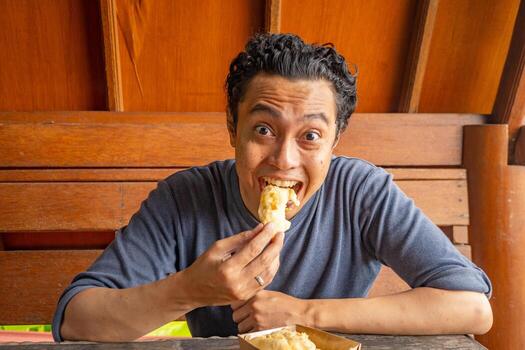Man expression happy, smile, surprised when eat the banana fries. The photo is suitable to use for healthy care, man expression advertisement and daily activity content media.