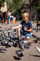 Cute little boy feeding pigeons in the city park. Selective focus. photo