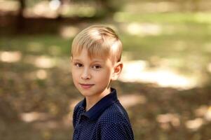 Portrait of a blond boy in the park on a sunny day photo