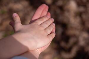 Mother and baby holding hands in the park. Close up photo