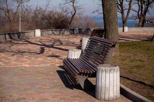 Wooden bench in the park in early spring against the backdrop of the lake. photo