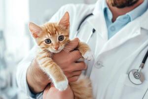 Veterinarian holding a ginger kitten in his hands. Animal care concept photo