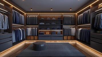 Gray large wardrobe closet with shirts and suits in a minimalist style in a modern interior photo