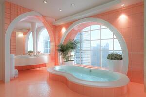 Interior design of a modern coral bathroom with a decorative arch and a large window photo