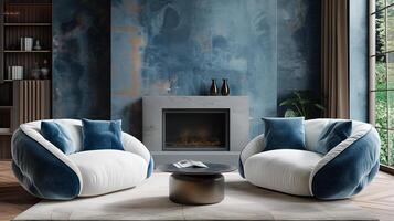 blanco sillones con azul almohadas en un habitación con un chimenea, minimalista medio siglo estilo vivo habitación interior diseño foto