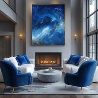 azul sillones cerca un blanco sofá con azul almohadas en un habitación con un chimenea, minimalista medio siglo estilo vivo habitación interior diseño foto