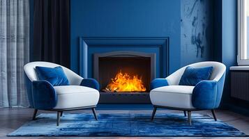 White armchairs with blue pillows in a room with a fireplace, minimalist mid-century style living room interior design photo