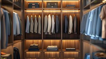 Gray large wardrobe closet with shirts and suits in a minimalist style in a modern interior photo