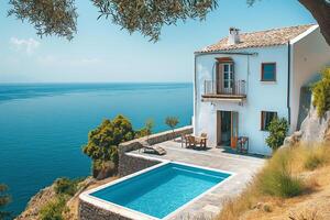 tradicional Mediterráneo blanco casa con nadando piscina en un colina con vista a el mar. antecedentes verano Días festivos foto