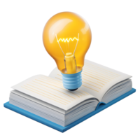 Realistic 3D yellow light bulb on open book. Smart idea concept png