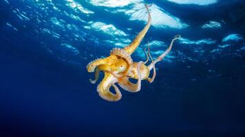 Closeup view of a common Octopus vulgaris swimming underwater, macro portrait under water photo