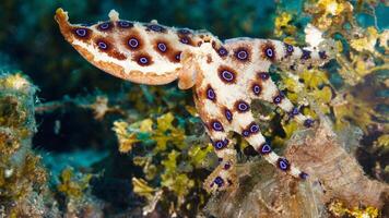 Closeup view of a common Octopus vulgaris swimming underwater, macro portrait under water photo