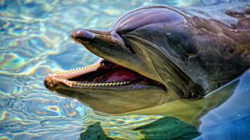 joven curioso nariz de botella delfín sonrisas, juguetón común tursiops truncatus de cerca nadando submarino. saltando fuera de agua foto