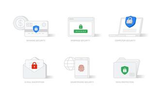 Illustrations of various digital security services. Suitable for design elements of digital security applications, technology companies, and internet network protection. vector