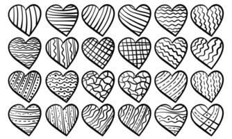 Set of outline doodle hearts with simple patterns, coloring page with symbols for Valentine's Day vector