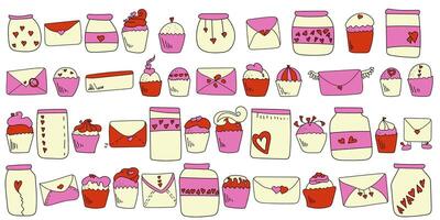 Heart set of doodle elements, various jars, letters and cupcakes about love and positivity for design vector