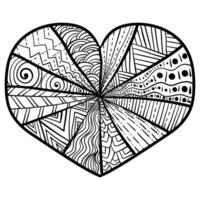 Striped heart with different doodle patterns, abstract coloring page for creative activity vector