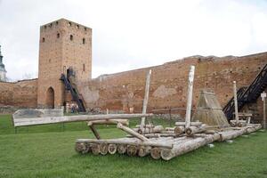 Czersk, Poland - March 24th, 2024 - Wooden raft on courtyard at Masovian Dukes Castle photo