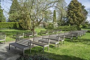 Zelazowa Wola, Poland - April 7th, 2024 - Benches in park - birthplace of Frederic Chopin photo