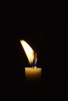 Single Candle with flame in the dark place, isolated black background photo