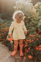 pequeño niña en un amarillo vestir y caucho botas es riego flores en el otoño jardín foto