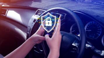 Computer network protection, secure and safe your data concept, businessman holding shield protection icon on smartphone, Security shield Lock Security Business Protect Concept. photo