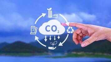 mano participación co2 reduciendo virtual icono para disminución carbón dióxido emisión, carbón huella y carbón crédito a límite global calentamiento desde bio clima cambio concepto. foto