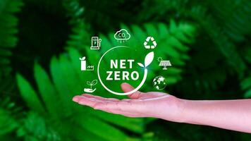 Net Zero and Carbon Neutral Concepts, Net zero greenhouse gas emissions target, Climate neutral long strategy, Businessman holding NetZero icon. photo