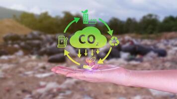 mano participación co2 reduciendo virtual icono para disminución carbón dióxido emisión, carbón huella y carbón crédito a límite global calentamiento desde bio clima cambio concepto. foto