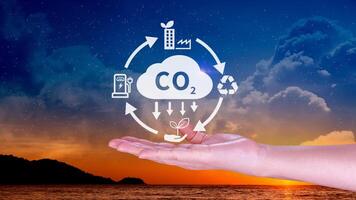 mano participación co2 reduciendo virtual icono para disminución carbón dióxido emisión, carbón huella y carbón crédito a límite global calentamiento desde bio clima cambio concepto. foto