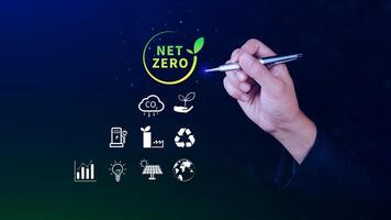 Net Zero and Carbon Neutral Concepts, Net zero greenhouse gas emissions target, Climate neutral long strategy, Businessman holding NetZero icon. photo