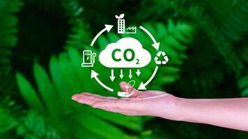 Hand holding CO2 reducing virtual icon for decrease carbon dioxide emission, carbon footprint and carbon credit to limit global warming from Bio climate change concept. photo