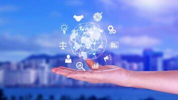 Hand holding virtual Global Internet connection metaverse, Business global internet connection application technology and digital marketing, Financial and banking, Digital link tech, big data. photo