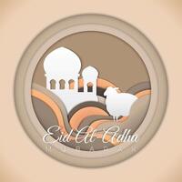 Eid al-adha mubarak illustration in simple papercut style with sheep, and mosque vector