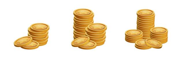 Game Coin Stack set 3d render isolated. Gold Money on white background. Coin with star for game reward and prize. 3d illustration. vector