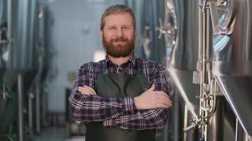 Portrait of businessman brewer brutal man with a beard looking at the camera while standing in a beer factory video