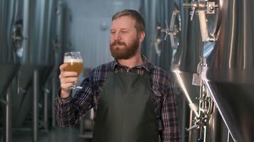 Portrait of a brutal businessman brewer with a beard demonstrates the quality of freshly brewed beer in a glass from a beer tank while standing in a craft beer production room. 4K video