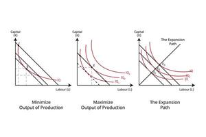 isocost in economics for optimum input combination for Minimum output, Maximum Output, expansion path vector