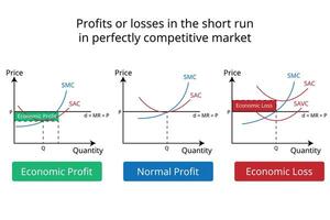 Profits or losses in the short run in perfectly competitive market graph in economics vector