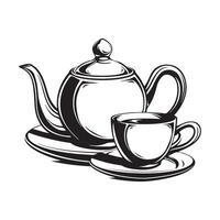 Tea cup and teapot black image. Tea pot and hot mug design Stock Image and Art vector