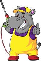 un hipopótamo dibujos animados mascota para coche lavar participación un alto presión lavadora pistola chorro rociar vector