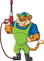 A tiger cartoon mascot for car wash holding a High Pressure washer gun Jet Spray vector