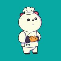 illustration of a panda being a chef with a piece of bread in his hand vector