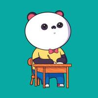 Illustration of a panda studying, sitting on his desk. holding a pen and book on his desk. vector