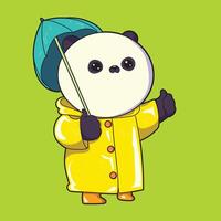 Image of panda wearing a yellow raincoat, holding an umbrella and boots. vector